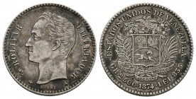 ESTADOS UNIDOS DE VENEZUELA. 10 Centavos. (Ar. 2,50g/18mm). 1874. París. (Km#Y13). EBC. Preciosa pátina.