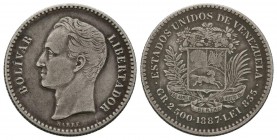 ESTADOS UNIDOS DE VENEZUELA. 1/2 Bolívar. (Ar. 2,49g/18mm). 1887. Caracas. (Km#Y21). MBC.