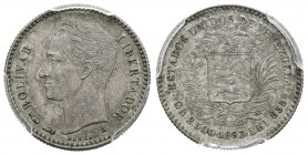 ESTADOS UNIDOS DE VENEZUELA. 1/2 Bolívar. (Ar. 2,50g/18mm). 1893. París A. (Km#Y21). Encapsulado PCGS AU-58.