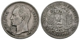 ESTADOS UNIDOS DE VENEZUELA. 1/2 Bolívar. (Ar. 2,47/18mm). 1912. París. (Km#Y21). MBC.