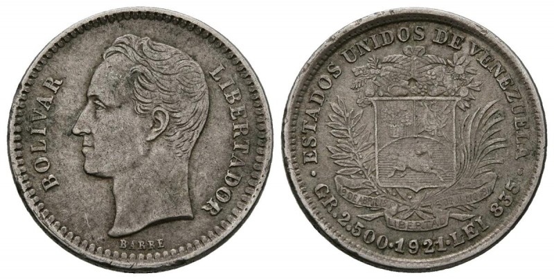 ESTADOS UNIDOS DE VENEZUELA. 1/2 Bolívar. (Ar. 2,48/18mm). 1921. Philadelphia. (...