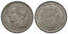 ESTADOS UNIDOS DE VENEZUELA. 1/2 Bolívar. (Ar. 2,51g/18mm). 1936. Philadelphia. (Km#Y21). EBC.