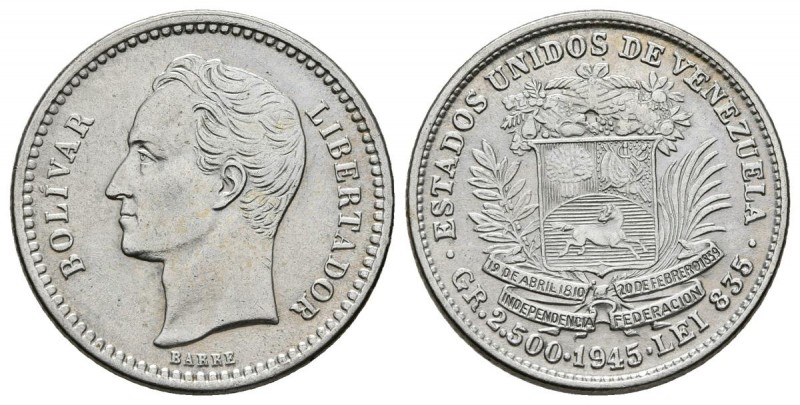 ESTADOS UNIDOS DE VENEZUELA. 1/2 Bolívar. (Ar. 2,52g/18mm). 1945. Philadelphia. ...