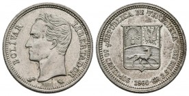 ESTADOS UNIDOS DE VENEZUELA. 1/2 Bolívar. (Ar. 2,52g/18mm). 1960. Philadelphia. (Km#Y36). EBC+.