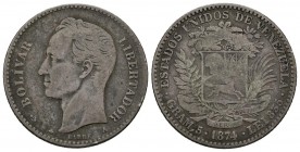 ESTADOS UNIDOS DE VENEZUELA. 20 Centavos. (Ar. 4,86g/23mm). 1874. París. (Km#Y14). MBC.