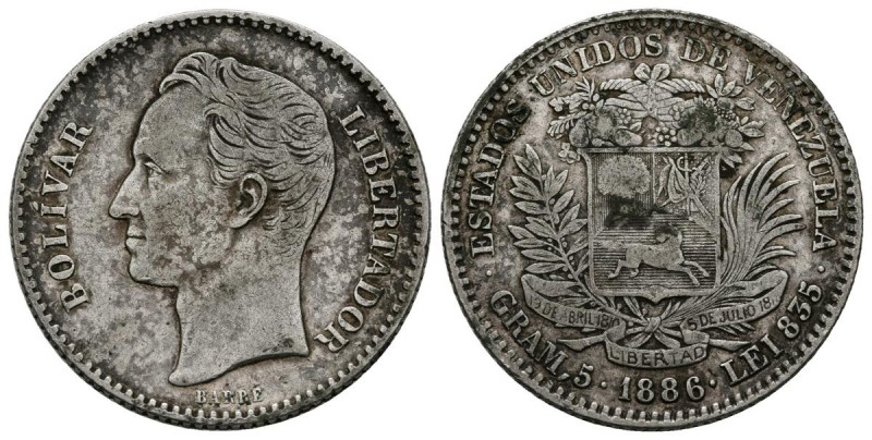 ESTADOS UNIDOS DE VENEZUELA. 1 Bolívar. (Ar. 4,91g/23mm). 1886. Caracas. (Km#Y22...