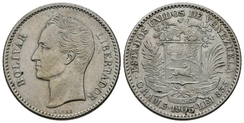 ESTADOS UNIDOS DE VENEZUELA. 1 Bolívar (Ar. 5,00g/28mm). 1903. Philadelphia. (Km...