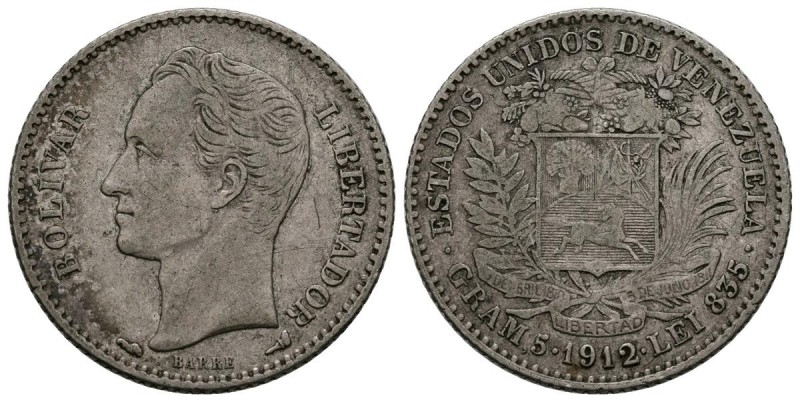 ESTADOS UNIDOS DE VENEZUELA. 1 Bolívar (Ar. 4,99g/28mm). 1912. París. (Km#Y22). ...