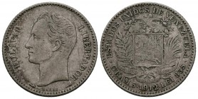 ESTADOS UNIDOS DE VENEZUELA. 1 Bolívar (Ar. 4,99g/28mm). 1912. París. (Km#Y22). MBC.