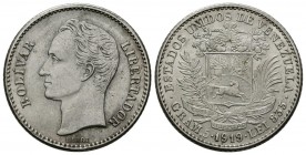 ESTADOS UNIDOS DE VENEZUELA. 1 Bolívar (Ar. 5,01g/28mm). 1919. Philadelphia. (Km#Y22). EBC-.