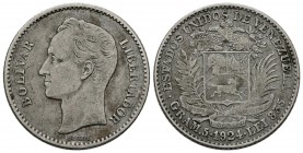 ESTADOS UNIDOS DE VENEZUELA. 1 Bolívar (Ar. 4,94g/28mm). 1924. Philadelphia. (Km#Y22). MBC-.