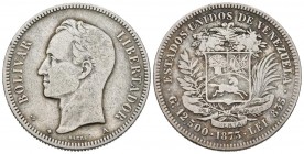 ESTADOS UNIDOS DE VENEZUELA. 50 Centavos (Ar. 12,32g/30mm). 1873. París. (Km#Y15). MBC-/MBC.