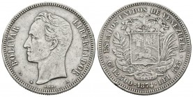 ESTADOS UNIDOS DE VENEZUELA. 50 Centavos. (Ar. 12,37g/30mm). 1874. París. (Km#Y15). MBC.