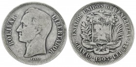 ESTADOS UNIDOS DE VENEZUELA. 2 Bolívares. (Ar. 10,00g/27mm). 1903. Philadelphia. (Km#Y23). Encapsulado ANACS VG-8.