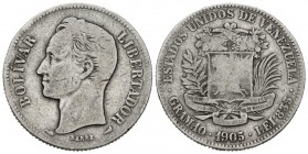 ESTADOS UNIDOS DE VENEZUELA. 2 Bolívares. (Ar. 9,71g/27mm). 1905. París. (Km#Y23). MBC-. Escasa.