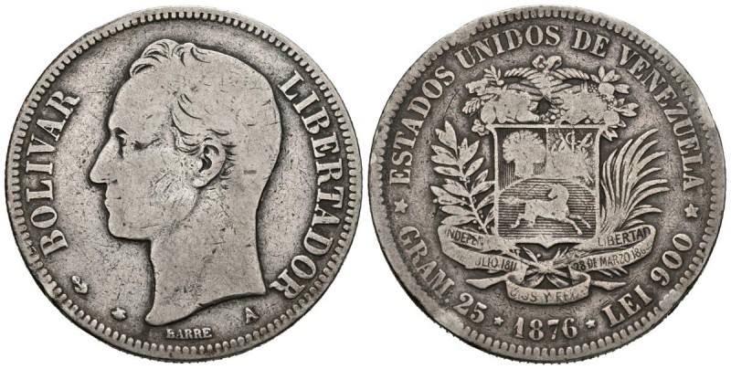 ESTADOS UNIDOS DE VENEZUELA. 1 Venezolano. (Ar. 24,44g/37mm). 1876. París A. (Km...