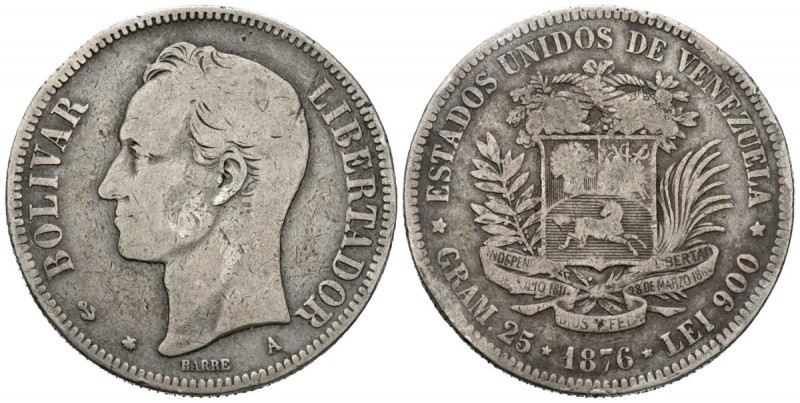 ESTADOS UNIDOS DE VENEZUELA. 1 Venezolano. (Ar. 24,27g/37mm). 1876. París A. (Km...