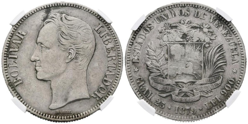 ESTADOS UNIDOS DE VENEZUELA. 5 Bolívares (Ar. 25,00g/37mm). 1879 (primer año de ...