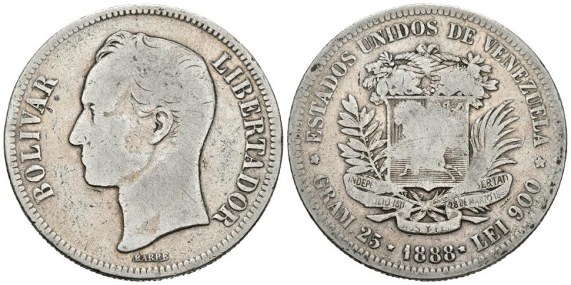 ESTADOS UNIDOS DE VENEZUELA. 5 Bolívares. (Ar. 24,38g/37mm). 1888. Caracas. (Km#...