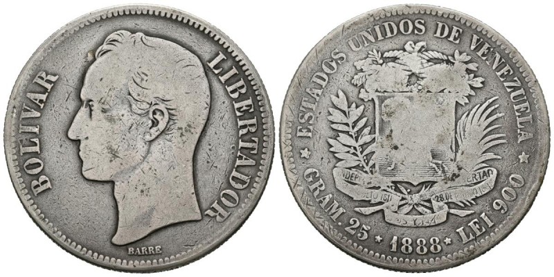 ESTADOS UNIDOS DE VENEZUELA. 5 Bolívares. (Ar. 23,93g/37mm). 1888. Caracas. (Km#...