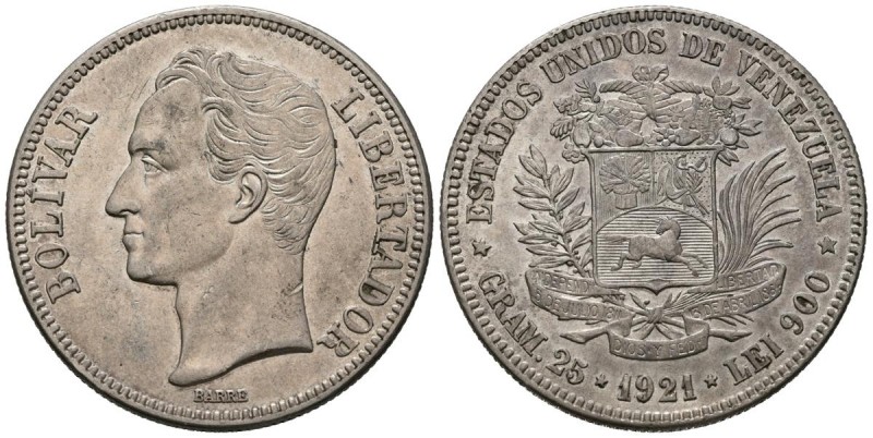 ESTADOS UNIDOS DE VENEZUELA. 5 Bolívares. (Ar. 25,09g/37mm). 1921. Philadelphia....