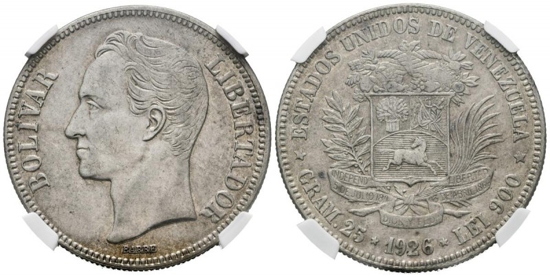 ESTADOS UNIDOS DE VENEZUELA. 5 Bolívares. (Ar. 25,00g/37mm). 1926. Philadelphia....