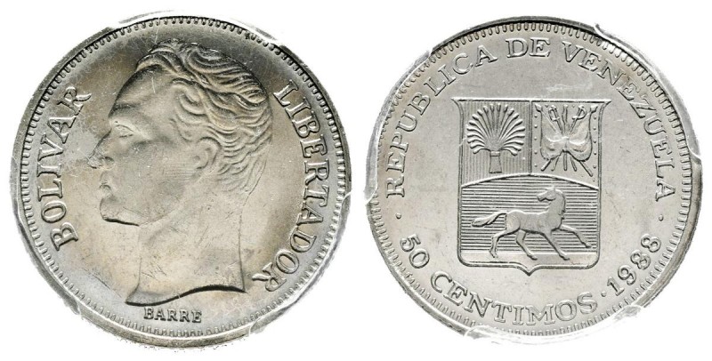 REPÚBLICA DE VENEZUELA. 50 Céntimos. (Acero niquelado. 3,00g/20mm). 1988. Werdoh...