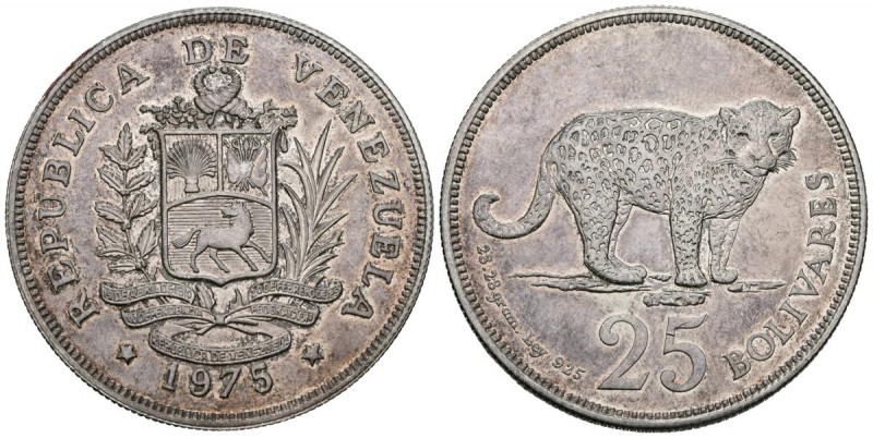 REPÚBLICA DE VENEZUELA. 25 Bolívares. (Ar. 28,70g/38mm). 1975. Londres. (Km#Y46)...