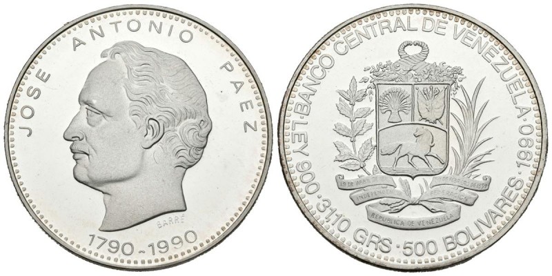 REPÚBLICA DE VENEZUELA. 500 Bolívares. (Ar. 31,10g/35mm). 1990. José Antonio Pae...