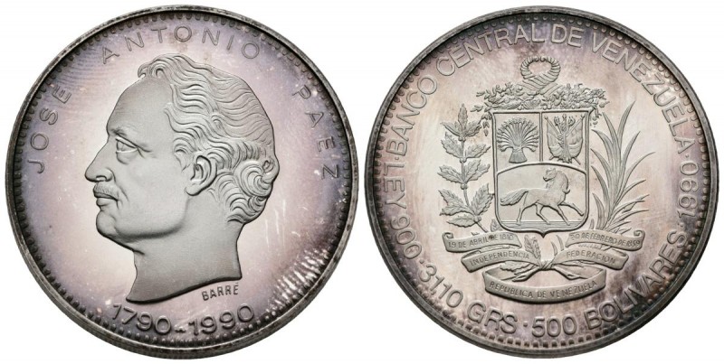 REPUBLICA DE VENEZUELA. 500 Bolívares. (Ar. 31,15g/35mm). 1990. José Antonio Páe...