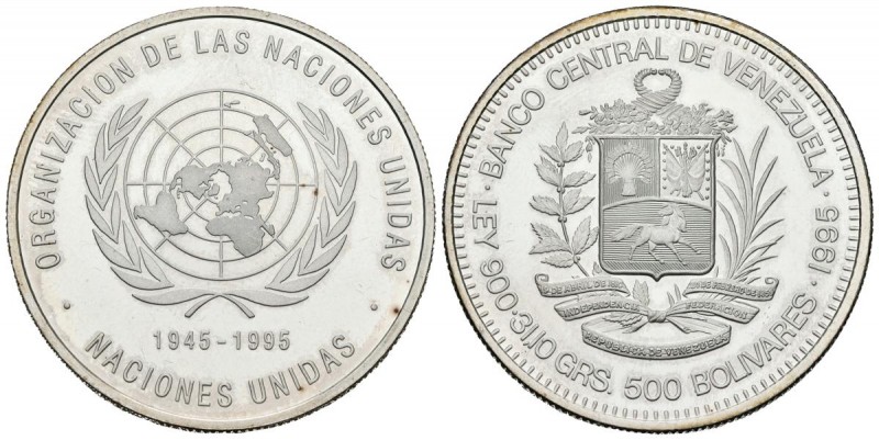 REPÚBLICA DE VENEZUELA. 500 Bolívares. (Ar. 31,10g/35mm). 1995. Organización de ...