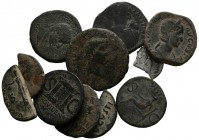 IMPERIO ROMANO. Lote compuesto por 9 bronces de diferentes emperadores romanos (3 de ellos fraccionados), incluye 1 Denario de Augusto fraccionado. A ...