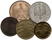 ALEMANIA. Bonito e interesante conjunto formado por 5 monedas de fechas comprendidas entre 1924 y 1955. Diferentes módulos, materiales así como estado...