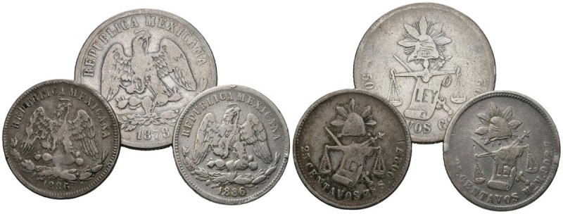 MEXICO. Conjunto de 3 monedas en plata del siglo XIX de valores de 20 y 50 centa...