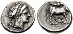 GRIECHISCHE MÜNZEN. KAMPANIEN. NEAPOLIS. 
Didrachmon, ca. 300 v. Chr. Nymphenkopf n. r. mit Perlkette und Ohrring, die Haare mit einem breiten Band h...