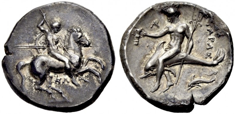 GRIECHISCHE MÜNZEN. KALABRIEN. TARENT. 
Nomos, 315-302 v. Chr. Nackter, jugendl...