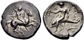 GRIECHISCHE MÜNZEN. KALABRIEN. TARENT. 
Nomos, 315-302 v. Chr. Nackter, jugendlicher Reiter n. r. auf galoppierendem Pferd, Lanze in der Rechten nach...