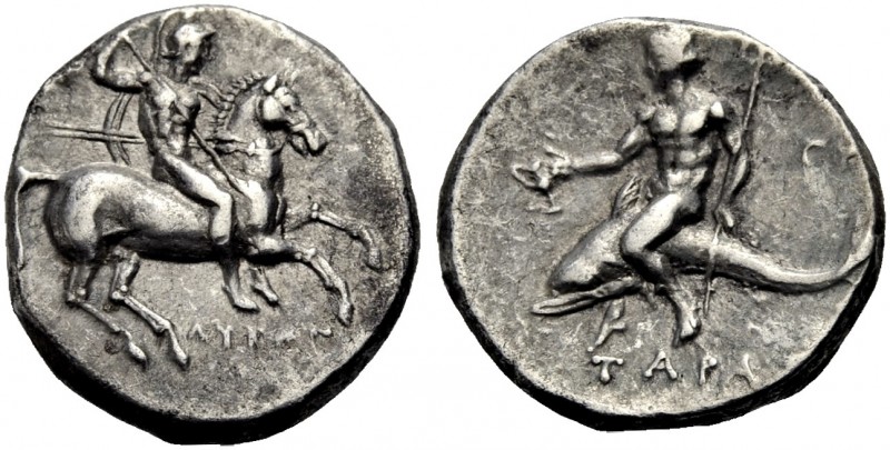 GRIECHISCHE MÜNZEN. KALABRIEN. TARENT. 
Nomos, 280-272 v. Chr. Jugendlicher Rei...
