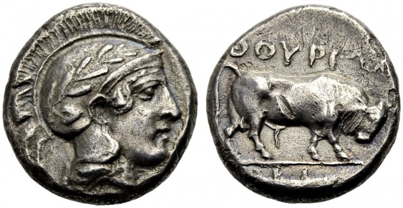 GRIECHISCHE MÜNZEN. LUKANIEN. THURIOI. 
Nomos, 443-400 v. Chr. Kopf der Athena ...