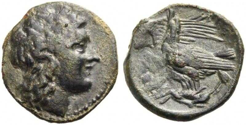 GRIECHISCHE MÜNZEN. SIZILIEN. AKRAGAS. 
Bronze, 279-241 v. Chr. Kopf des Apollo...