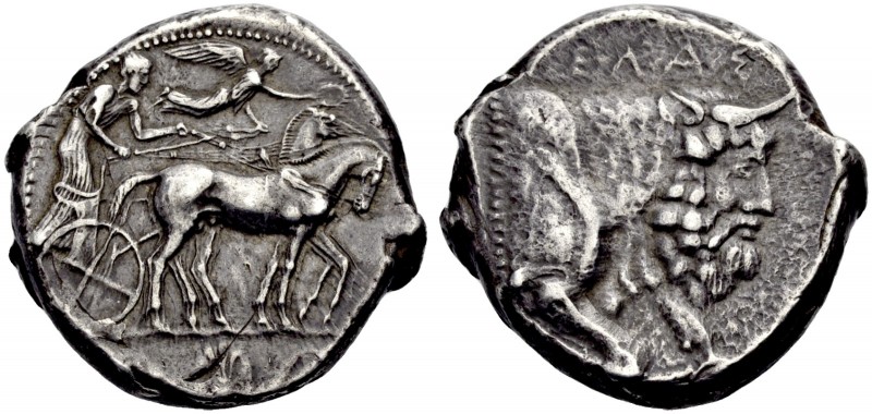 GRIECHISCHE MÜNZEN. SIZILIEN. GELA. 
Tetradrachmon, 450-440 v. Chr. Quadriga mi...