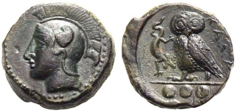 GRIECHISCHE MÜNZEN. SIZILIEN. KAMARINA. 
Bronze-Tetras, 410-405 v. Chr. Athenak...