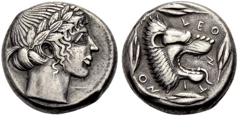GRIECHISCHE MÜNZEN. SIZILIEN. LEONTINOI. 
Tetradrachmon, 460-450 v. Chr. Apollo...