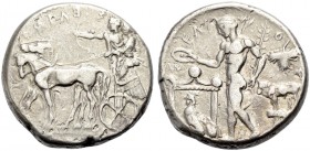 GRIECHISCHE MÜNZEN. SIZILIEN. SELINUNT (SELINOUS). 
Tetradrachmon, 467-445 v. Chr. Σ-ΕΛΙΝ(ΟΝΤΙ) (rückl.) Artemis und Apollon in Biga n.l. gehend; Art...