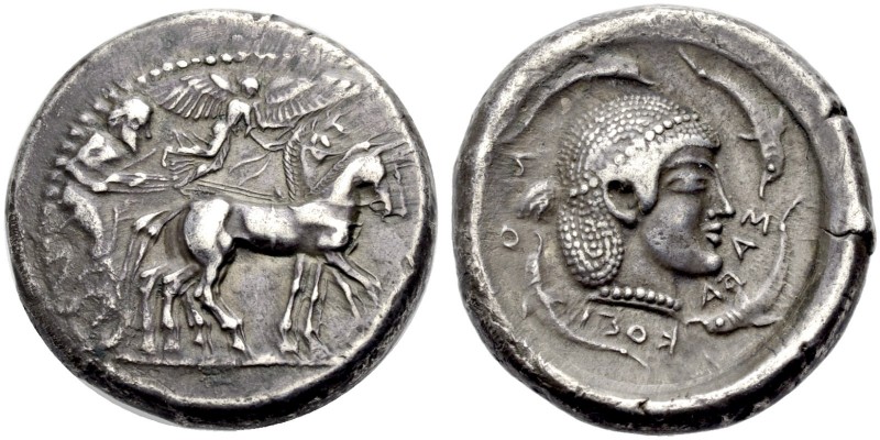 GRIECHISCHE MÜNZEN. SIZILIEN. SYRAKUS. 
Tetradrachmon, 510-485 v. Chr. Quadriga...