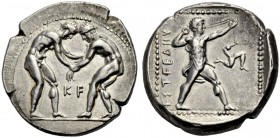 GRIECHISCHE MÜNZEN. PAMPHYLIEN. ASPENDOS. 
Stater, 370-330 v. Chr. Zwei Ringer auf Bodenlinie; der Linke packte mit beiden Händen den l. Arm des Gegn...