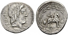 RÖMISCHE MÜNZEN. RÖMISCHE REPUBLIK. Mn. Fonteius, 85 v. Chr 
Denar. MN. FONTEI - C. F. Apollonkopf mit L. und Zapfenlocken n. r., unter dem Halsabsch...