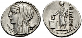 RÖMISCHE MÜNZEN. RÖMISCHE REPUBLIK. L. Cassius Longinus, 63 v. Chr 
Denar. Vestakopf mit Schleier n.l., im Felde r. zweihenklige Schale, unter dem Ki...