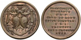 ALTDEUTSCHE MÜNZEN UND MEDAILLEN. KONSTANZ, BISCHÖFLICHE MÜNZSTÄTTE. FRANZ KONRAD VON RODT, 1750-1775 
Bronzemedaille 1758 (o. Sign.) auf die päpstli...