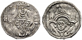 ALTDEUTSCHE MÜNZEN UND MEDAILLEN. PASSAU, BISTUM. WOLFGER VON ERLA, 1191-1204, bis MANGOLD VON BERG, 1206-1215 
Pfennig. Hüftbild des Bischofs mit Kr...